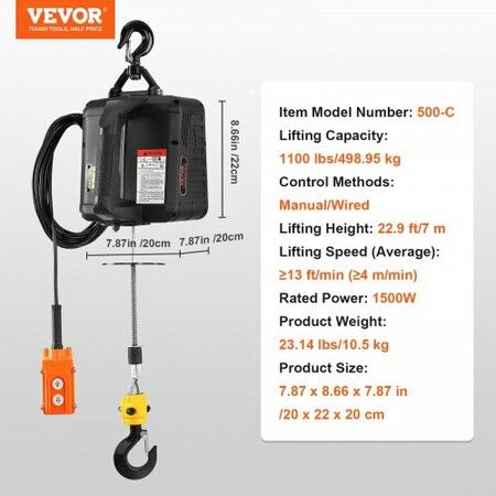 2-in-1 Electric Hoist Winch 500 kg Lifting Capacity 1500W Portable Power Winch Crane 7 m Lifting Height 4 m/min with Wired Remote Control for Garage