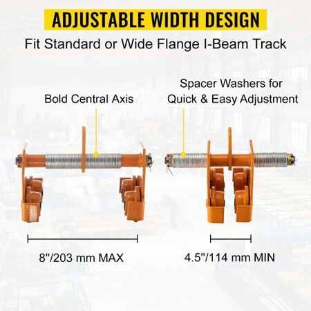 Manual Trolley 11000LBS/5 Ton Load Capacity Beam Trolley 4.5-8 inch Adjustable Width Push Beam Track Roller Trolley Powder Coating with Dual Wheels