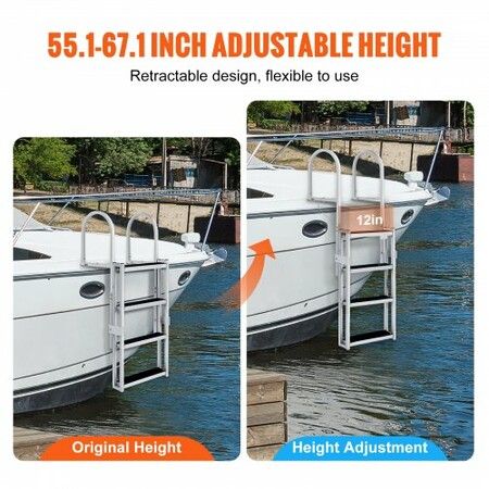 Dock Ladder Retractable 4 Steps 159 kgs Load Capacity Aluminum Alloy Pontoon Boat Ladder with 55.1''-67.1'' Adjustable Height 4'' Wide Step & Rubber Mat