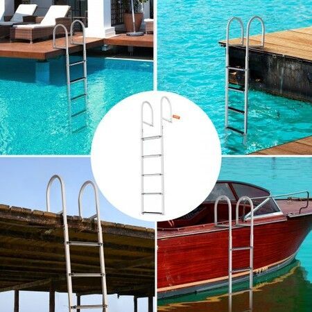 Dock Ladder Removable 5 Steps 227 kgs Load Capacity Aluminum Alloy Pontoon Boat Ladder with 3.1'' Wide Step & Nonslip Rubber Mat Easy to Install