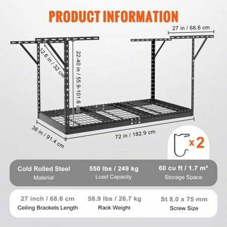 Overhead Garage Storage Rack 36x72 inch Garage Ceiling Storage Racks Heavy Duty Adjustable Cold Rolled Steel Racks for Garage Storage Organization