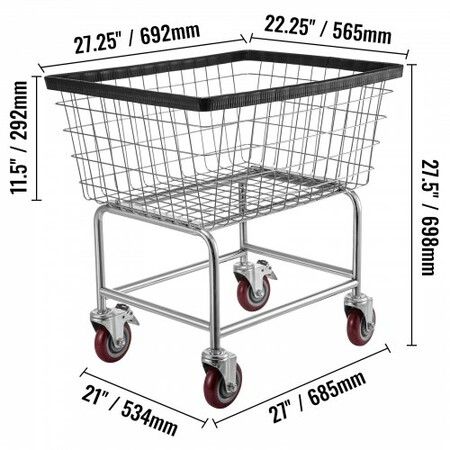 Wire Laundry Cart 2.5 Bushel Wire Laundry Basket with Wheels 21''x27''x27.5'' Commercial Wire Laundry Basket Cart Steel Frame with Chrome Finish 4inch