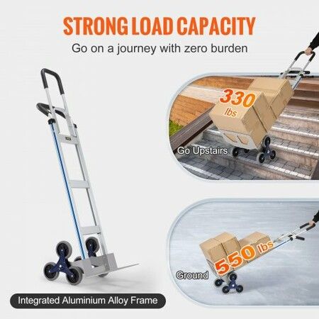 Stair Climbing Cart 250 kg Load Capacity Aluminum Hand Truck Dolly with Dual Handles Integrated Frame & Nonslip Rubber Wheels Multipurpose Stair Climber