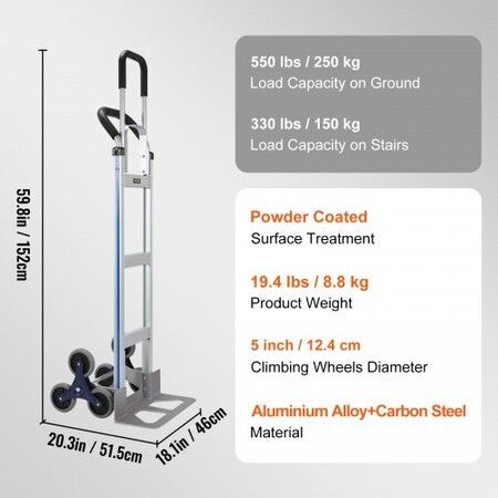 Stair Climbing Cart 250 kg Load Capacity Aluminum Hand Truck Dolly with Dual Handles Integrated Frame & Nonslip Rubber Wheels Multipurpose Stair Climber