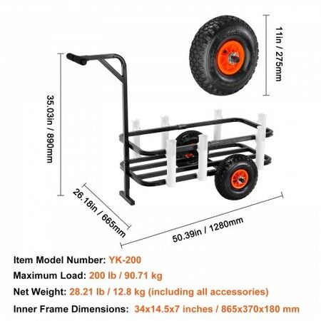 Beach Fishing Cart 91 kg Load Capacity Fish and Marine Cart with Two 275 mm Big Wheels Rubber Balloon Tires for Sand Heavy-Duty Steel Pier Wagon Trolley