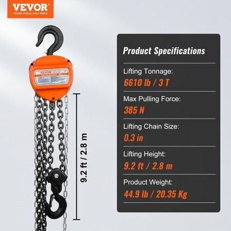 Manual Chain Hoist 3 Ton 6600 lbs Capacity 10 FT Come Along G80 Galvanized Carbon Steel with Double-Pawl Brake Auto Chain Leading & 360 degree Rotation