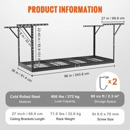 Overhead Adjustable Garage Storage Rack 36x96in Ceiling Rack 600lbs Black