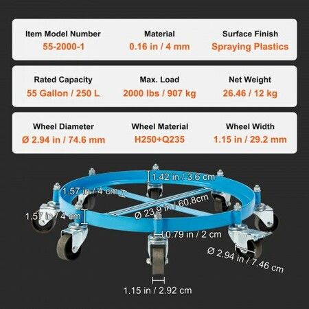 55 Gallon Heavy Duty Drum Dolly 2000lbs Load Capacity Barrel Dolly Cart Drum Caddy Non Tipping Hand Truck Capacity Dollies with Steel Frame 8 Casters