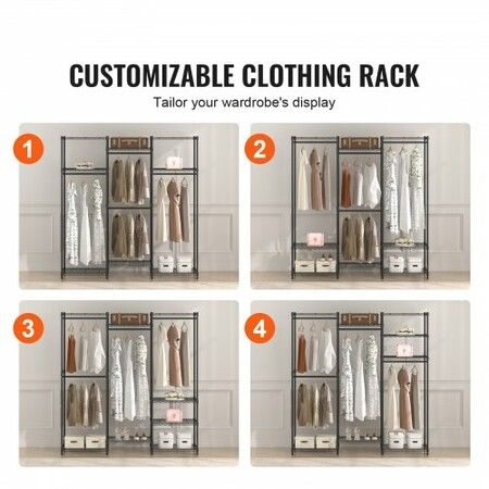 Heavy Duty Clothes Rack Rolling Clothing Garment Rack with 4 Hang Rods & 8 Storage Tiers Adjustable Custom Closet Rack Freestanding Wardrobe