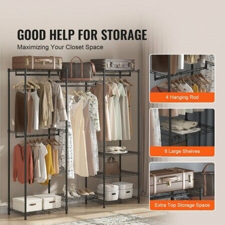 Heavy Duty Clothes Rack Rolling Clothing Garment Rack with 4 Hang Rods & 8 Storage Tiers Adjustable Custom Closet Rack Freestanding Wardrobe