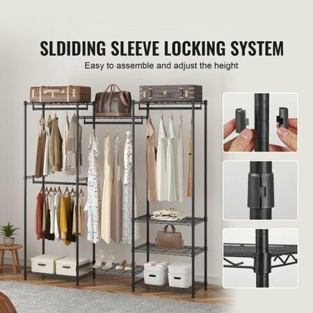 Heavy Duty Clothes Rack Rolling Clothing Garment Rack with 4 Hang Rods & 8 Storage Tiers Adjustable Custom Closet Rack Freestanding Wardrobe