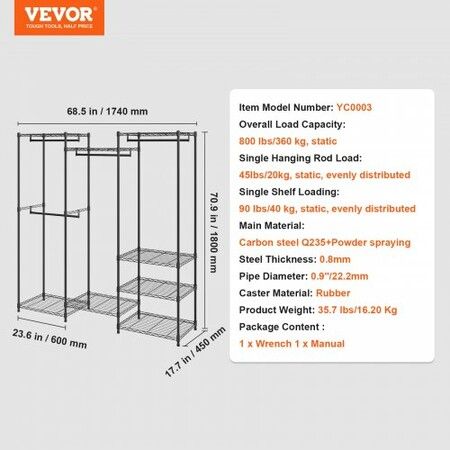 Heavy Duty Clothes Rack Rolling Clothing Garment Rack with 4 Hang Rods & 8 Storage Tiers Adjustable Custom Closet Rack Freestanding Wardrobe