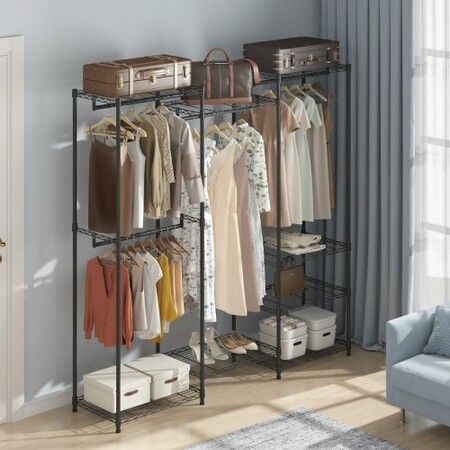 Heavy Duty Clothes Rack Rolling Clothing Garment Rack with 4 Hang Rods & 8 Storage Tiers Adjustable Custom Closet Rack Freestanding Wardrobe