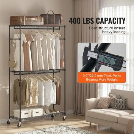 Heavy Duty Clothes Rack Rolling Clothing Garment Rack with 3 Storage Tiers 2 Rods and 2 Pairs Side Hooks Adjustable Height Clothing Rack Closet