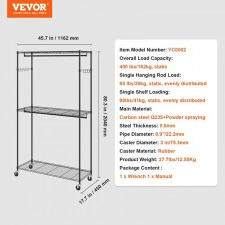 Heavy Duty Clothes Rack Rolling Clothing Garment Rack with 3 Storage Tiers 2 Rods and 2 Pairs Side Hooks Adjustable Height Clothing Rack Closet