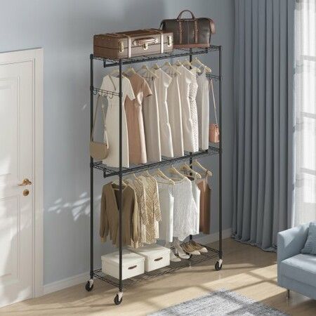 Heavy Duty Clothes Rack Rolling Clothing Garment Rack with 3 Storage Tiers 2 Rods and 2 Pairs Side Hooks Adjustable Height Clothing Rack Closet