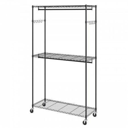 Heavy Duty Clothes Rack Rolling Clothing Garment Rack with 3 Storage Tiers 2 Rods and 2 Pairs Side Hooks Adjustable Height Clothing Rack Closet