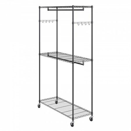 Heavy Duty Clothes Rack Rolling Clothing Garment Rack with 3 Storage Tiers 2 Rods and 2 Pairs Side Hooks Adjustable Height Clothing Rack Closet