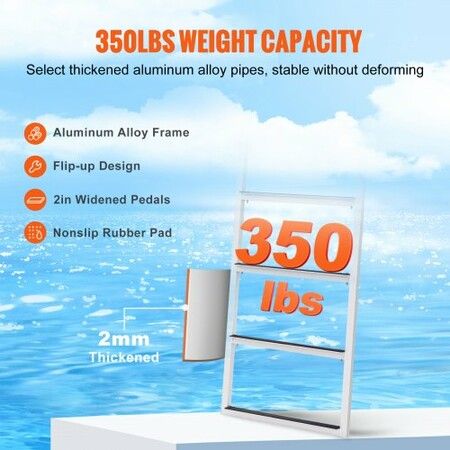 Dock Ladder Flip-Up 4 Steps 159 kg Load Capacity Aluminum Alloy Pontoon Boat Ladder with 50.8 mm Wide Step & Nonslip Rubber Mat Easy to Install