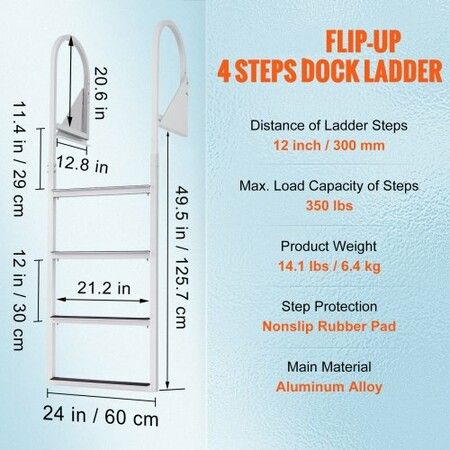 Dock Ladder Flip-Up 4 Steps 159 kg Load Capacity Aluminum Alloy Pontoon Boat Ladder with 50.8 mm Wide Step & Nonslip Rubber Mat Easy to Install