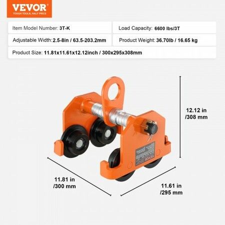 Manual Trolley 3 Ton Load Capacity Push Beam Trolley with Dual Wheels Adjustable for I-Beam Flange Width 63.5 mm to 203.2 mm Heavy Duty Alloy Steel Garage