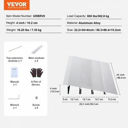 Door Threshold Ramp 4" Rise 800 lbs Load Capacity Door Ramp for Wheelchairs Aluminum Threshold Ramp for Doorways Adjustable Modular Threshold Ramp