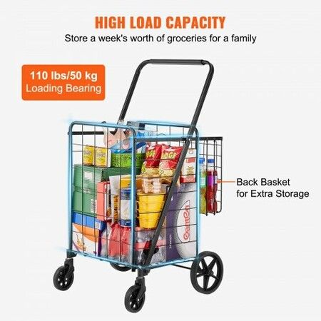 Folding Shopping Cart Jumbo Grocery Cart with Double Baskets 360 degree Swivel Wheels Heavy Duty Utility Cart 50 kg Large Capacity Utility Cart