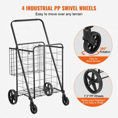 Folding Shopping Cart Jumbo Grocery Cart with Double Baskets 360 degree Swivel Wheels Heavy Duty Utility Cart 50 kg Large Capacity Utility Cart