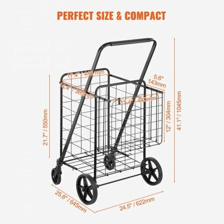 Folding Shopping Cart Jumbo Grocery Cart with Double Baskets 360 degree Swivel Wheels Heavy Duty Utility Cart 50 kg Large Capacity Utility Cart