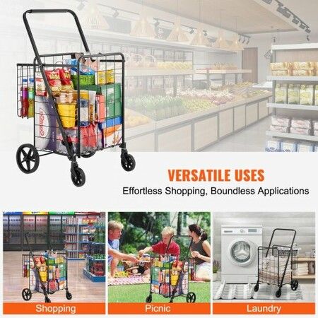 Folding Shopping Cart Jumbo Grocery Cart with Double Baskets 360 degree Swivel Wheels Heavy Duty Utility Cart 50 kg Large Capacity Utility Cart