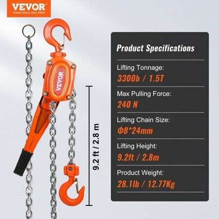 Manual Lever Chain Hoist 1-1/2 Ton 3300 lbs Capacity 10 FT Come Along G80 Galvanized Carbon Steel with Weston Double-Pawl BrakeAuto Chain Leading