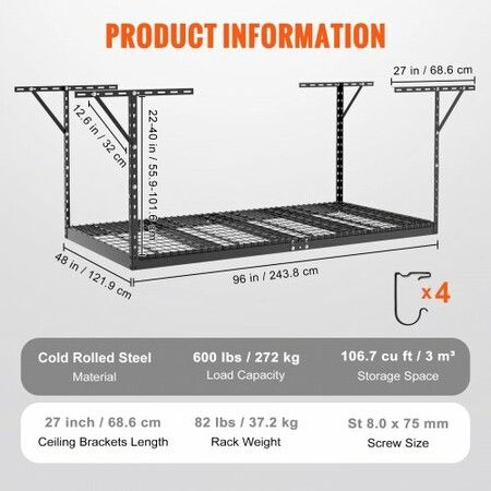 Overhead Garage Storage Rack 48x96 inch Garage Ceiling Storage Racks Heavy Duty Adjustable Cold Rolled Steel Racks for Garage Storage Organization