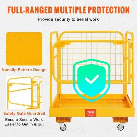 Forklift Safety Cage 544 kg Load Capacity 92 x 92 cm Folding Forklift Work Platform with Lockable Swivel Wheels Drain Hole and Device Chain Holds