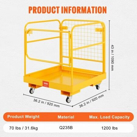 Forklift Safety Cage 544 kg Load Capacity 92 x 92 cm Folding Forklift Work Platform with Lockable Swivel Wheels Drain Hole and Device Chain Holds