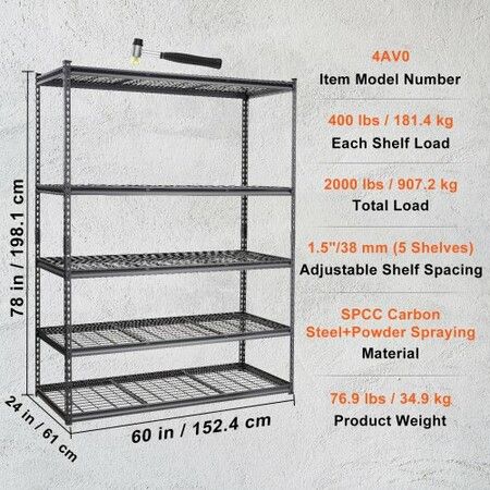 Storage Shelving Unit 5-Tier Adjustable 2000 lbs Capacity Heavy Duty Garage Shelves Metal Organizer Wire Rack Black 152.4 L x 61 W x 198.1 H cm