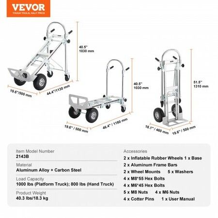 Aluminum Hand Truck 4 in 1 454 kg Max Load Capacity Heavy Duty Industrial Convertible Folding Hand Truck and Dolly Utility Cart Converts from Hand Truck