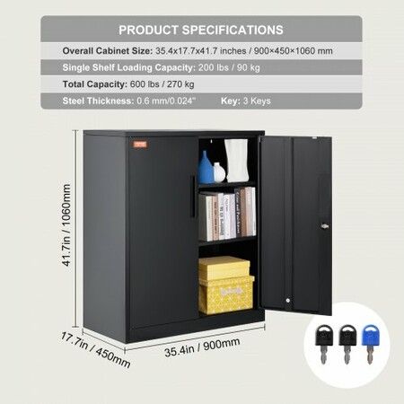 Metal Storage Cabinet w/ 3 Keys 2 Adjustable Shelves & Magnetic Door Black