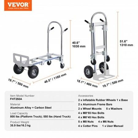 Aluminum Hand Truck 2 in 1 363 kg Max Load Capacity Heavy Duty Industrial Convertible Folding Hand Truck and Dolly Utility Cart Converts from Hand Truck