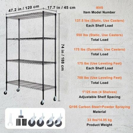 Storage Shelving Unit with Wheels 4-Tier Adjustable 700 lbs Capacity Heavy Duty Garage Shelves Metal Organizer Wire Rack Black 47.2" L x 17.7" W x 74" H