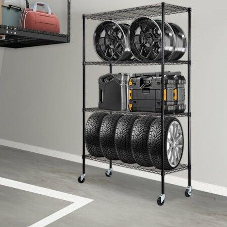 Storage Shelving Unit with Wheels 4-Tier Adjustable 700 lbs Capacity Heavy Duty Garage Shelves Metal Organizer Wire Rack Black 47.2" L x 17.7" W x 74" H