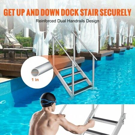 Dock Ladder 4 Step Dock Stairs 30''-38'' Adjustable Height 227 kgs Load Capacity Aluminum Pontoon Boat Ladder with Dual Handrails & Nonslip Rubber Mat