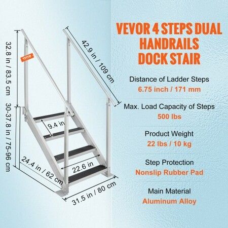 Dock Ladder 4 Step Dock Stairs 30''-38'' Adjustable Height 227 kgs Load Capacity Aluminum Pontoon Boat Ladder with Dual Handrails & Nonslip Rubber Mat