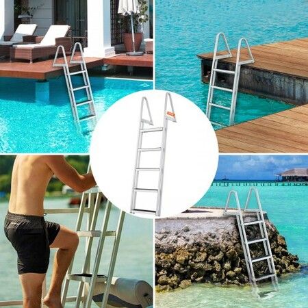 Dock Ladder Removable 5 Steps 159 kgs Load Capacity Aluminum Alloy Pontoon Boat Ladder with 4'' Wide Step & Nonslip Rubber Mat Easy to Install