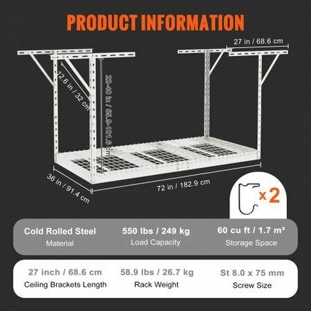 Overhead Adjustable Garage Storage Rack 36x72in Ceiling Rack 550lbs White