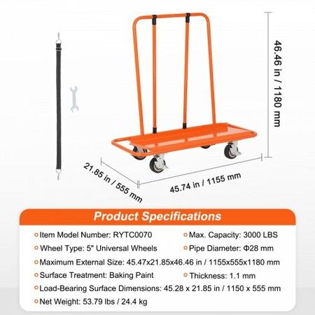 Drywall Cart 3000 LBS Panel Dolly Cart with 45.28" x 21.8" Deck and 5" Swivel Wheels Heavy-Duty Drywall Sheet Cart Handling Wall Panel Sheetrock Lumber