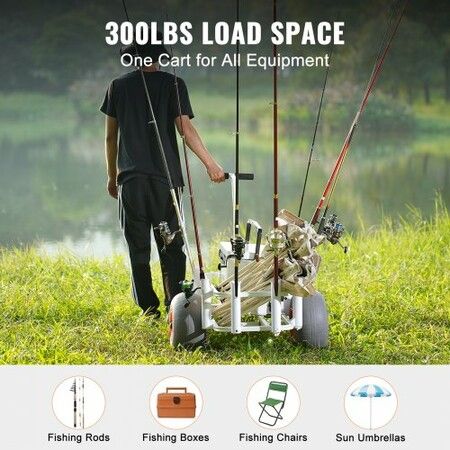 Beach Fishing Cart 136 kg Load Capacity Fish and Marine Cart with Two 330 mm Big Wheels PU Balloon Tires for Sand Heavy-Duty Aluminum Pier Wagon Trolley