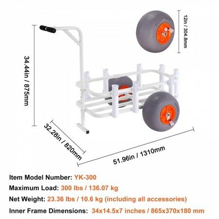 Beach Fishing Cart 136 kg Load Capacity Fish and Marine Cart with Two 330 mm Big Wheels PU Balloon Tires for Sand Heavy-Duty Aluminum Pier Wagon Trolley