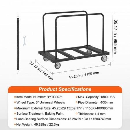 Drywall Cart 1800 LBS Panel Dolly Cart with 45.28" x 29.13" Deck and 5" Swivel Wheels Heavy-Duty Drywall Sheet Cart Handling Wall Panel Sheetrock Lumber