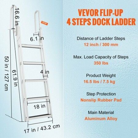 Dock Ladder Flip Up 5 Steps 350lbs Load Capacity Aluminum Pontoon Boat Ladder with 4" Wide Step & Nonslip Rubber MatSwimm Step Ladder