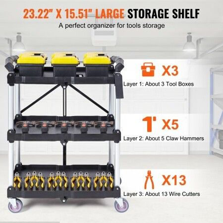 Foldable Utility Service Cart 3 Shelf 165LBS with Swivel Lockable Wheels